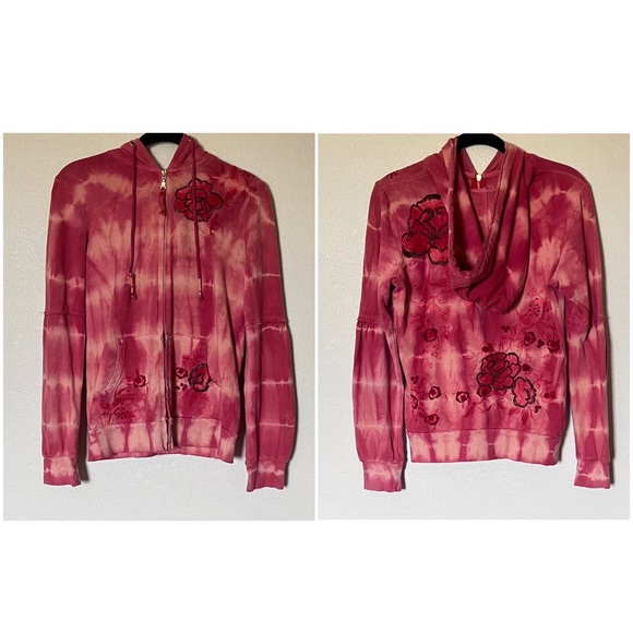Free People Boho Floral Embroidered Tie Dye Distressed Zip-Up Hoodie Sweatshirt - Picture 4 of 17
